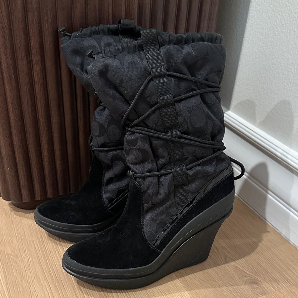 Coach Black Patterned Wedge Boots